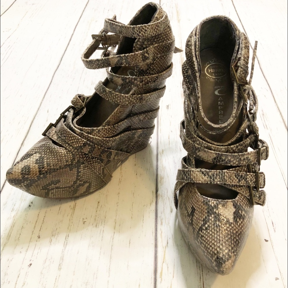Jeffrey Campbell brown black snakeskin reptile wedge heels women’s 8 M
